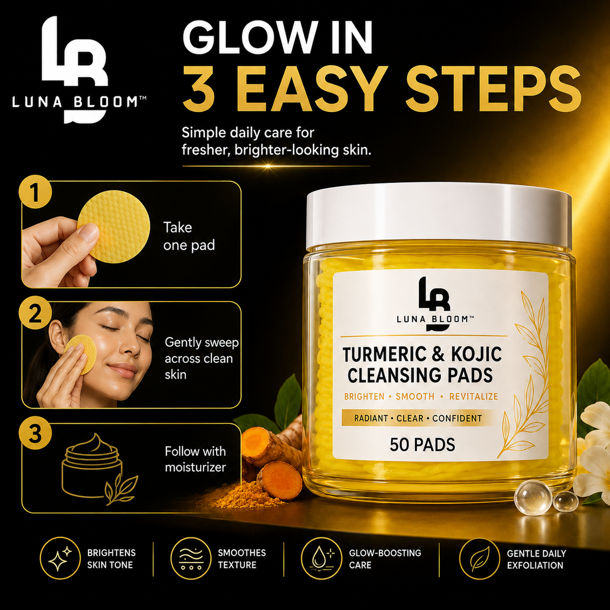 Luna Bloom Turmeric & Kojic Cleansing Pads